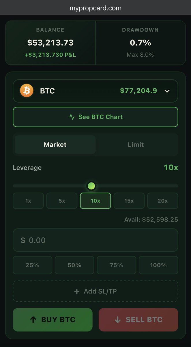mypropcard's tweet photo. @Cryptharry41 @tradewithola It’s easy to place a trade.
1. Select Asset (Default BTC/USDT)
2. Market/Limit order
3. Choose Leverage
4. Enter Amount
5. Buy/Sell
Note: You can always adjust SL/TP on live positions.
You’re not learning a new way to trade, it’s simple.
#Propcard https://t.co/kbjKVmf5NN