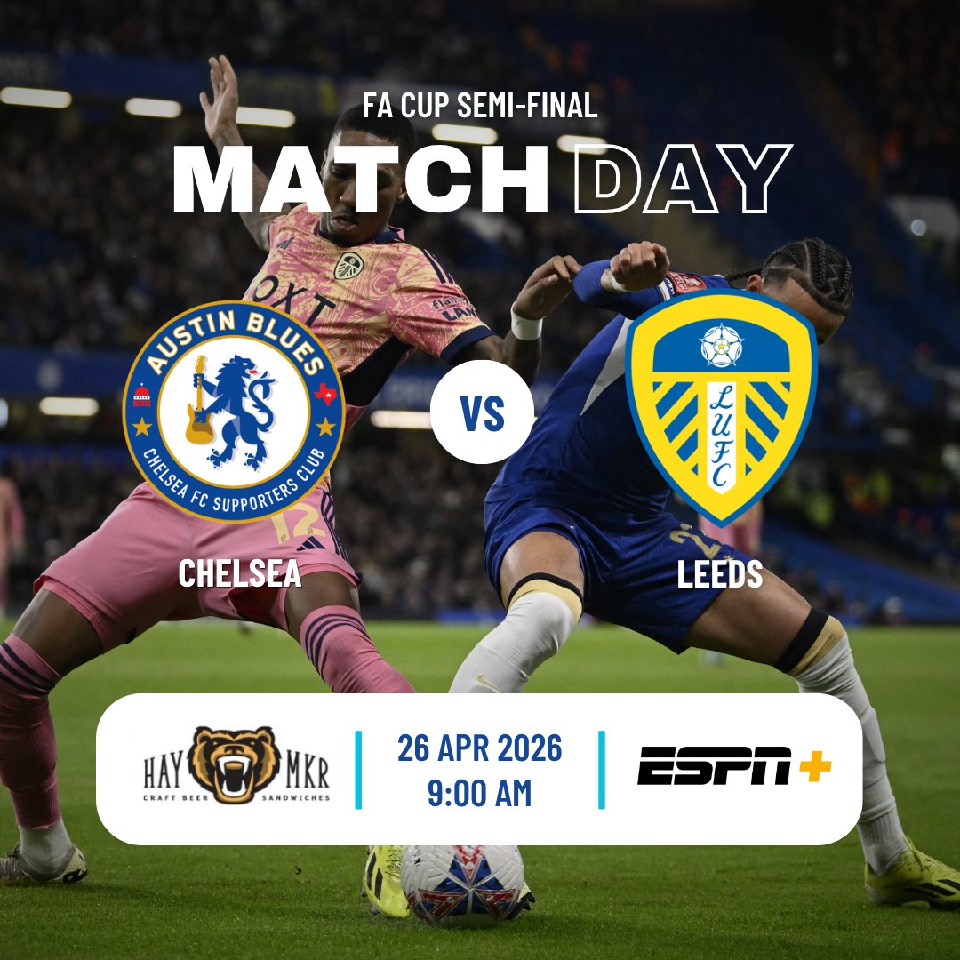 ChelseaFCAustin's tweet photo. Our club may be unrecognizable right now, but our FA Cup foes are certainly familiar. Chelsea. Leeds. FA Cup Semi-Final. See you at Haymaker!

📺: ESPN+
📅: Sun. 26 Apr 9:00am
🏟:: Wembley
📍: @haymakeraustin

#AustinBlues #SXSW6 #chelseafc #ktbffh https://t.co/vCjGFhQ78j