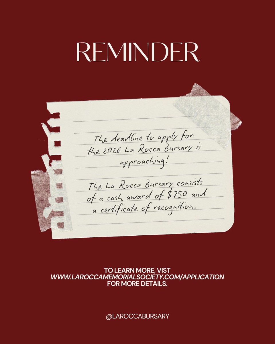 The La Rocca Bursary 2026 applications due date is soon approaching! 

Submit your applications by May 8! The La Rocca Bursary consists of a cash award of $750 and a certificate of recognition.

See the link in our bio for application details!