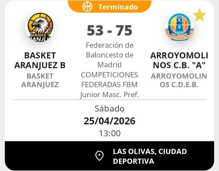 BasketAranjuez's tweet photo. Derrota del #JunMasc frente a @CbArroyomolinos. #Alberto: "Resultado cruel para el partido que ha hecho el equipo. La defensa en zona del rival y las pérdidas tontas hicieron que no se pudiera competir en el resultado." https://t.co/NOntVHdlv4