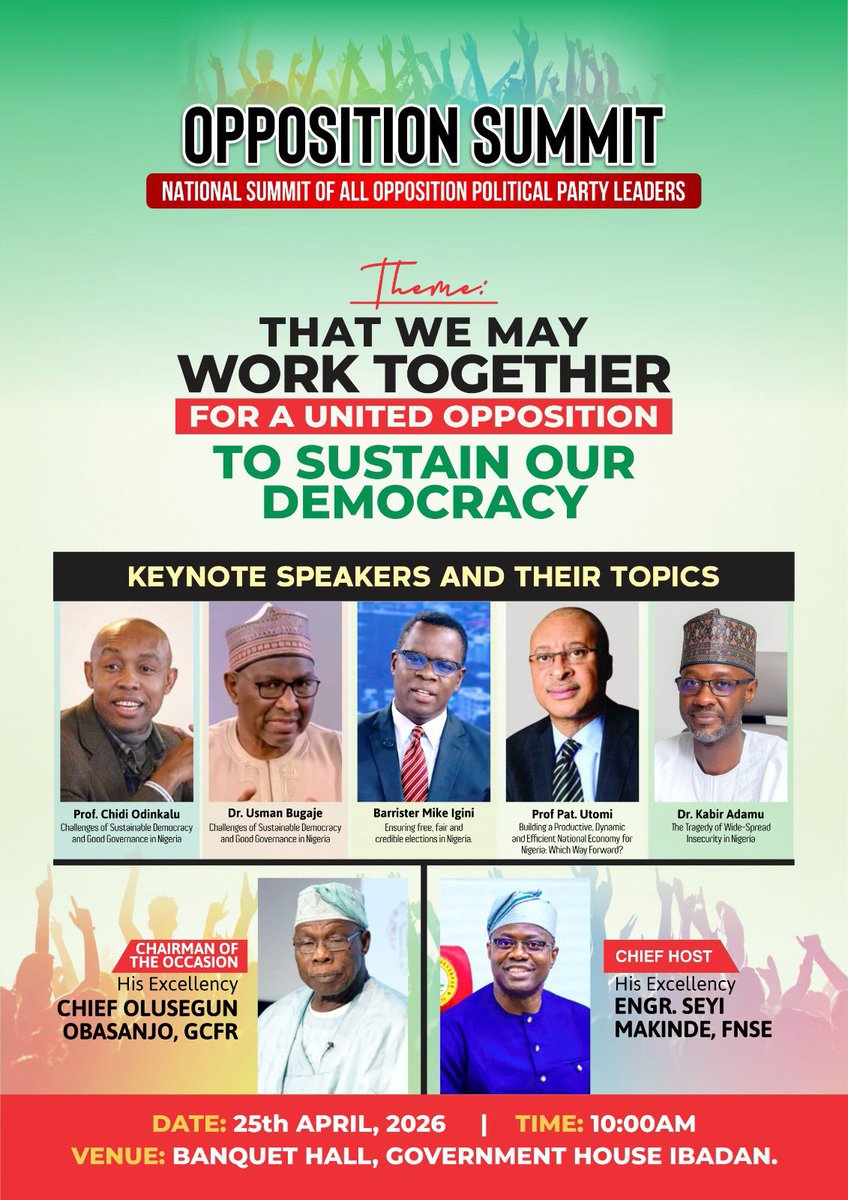 ibcityannouncer's tweet image. Today’s big political question 

Former President Olusegun Obasanjo was announced as the Chairman of the National Opposition Summit in Ibadan…

But he was absent. 

what do you think?

#politics #DiscoverIbadan #Ibadan #ConversationIbadan