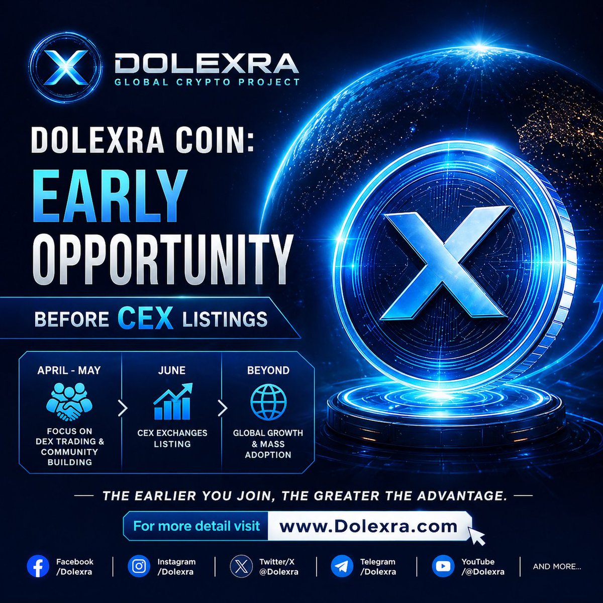 Dolexra's tweet photo. Dolexra Coin is entering a strong growth phase.

During April and May, the focus will be on DEX trading and building a powerful, active community. This is the foundation stage where early adopters have the greatest advantage.

In June, Dolexra Coin is planned to be listed on CEX exchanges, opening the door to a much wider market and increased visibility.

This is the opportunity to benefit from early-stage pricing before broader exposure begins.

Stay connected and be part of the movement:

🌐 Website: https://t.co/Dmubj2akvW
📧 Email: DolexraCoin@gmail.com
📘 Facebook: https://t.co/vbKXMmV8mH
📸 Instagram: https://t.co/mY62xIBtpx
🐦 Twitter/X: https://t.co/AeGyNbpDL8
📢 Telegram Channel: https://t.co/MKrYoCP8nq
🛠 Telegram Support: https://t.co/5ZNCaLWali
💬 WhatsApp Channel: https://t.co/YrYLZSOsjv
🎵 TikTok: https://t.co/y7HzCharYI
▶️ YouTube: https://t.co/8Mmy7bz4Zb
💻 GitHub: https://t.co/IsZV1HkraD
✍️ Medium: https://t.co/Ps9lGMmr90
💬 Discord: https://t.co/jUqOBzJ7L1
👥 Reddit: https://t.co/wtZyGtPZyz

#Dolexra #DolexraCoin #Dolexra_Coin #Crypto #Cryptocurrency #CryptoNews #CryptoUpdate #CryptoProject #Altcoins #Blockchain #Web3 #DeFi #DEX #CEX #CryptoTrading #CryptoInvesting #CryptoCommunity #CryptoGrowth #BullRun #AltcoinSeason #CryptoLaunch #NewCrypto #GemAlert #EarlyGem #100xGem #HiddenGem #NextBigThing #MoonShot #ToTheMoon #CryptoOpportunity