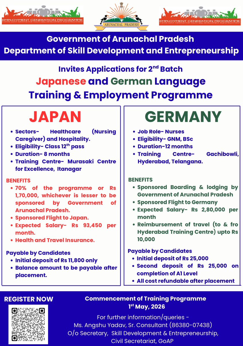 Skill_EntDevArP's tweet photo. The State Govt. is sponsoring 70% of the total training cost (visa,fees,exams,medicals,boarding &amp; lodging), with only 30% borne by candidates - making global careers in healthcare &amp; hospitality sector.
Hurry &amp; secure your seat! For detailed information refer to the advertisement https://t.co/08lAFpOnMC