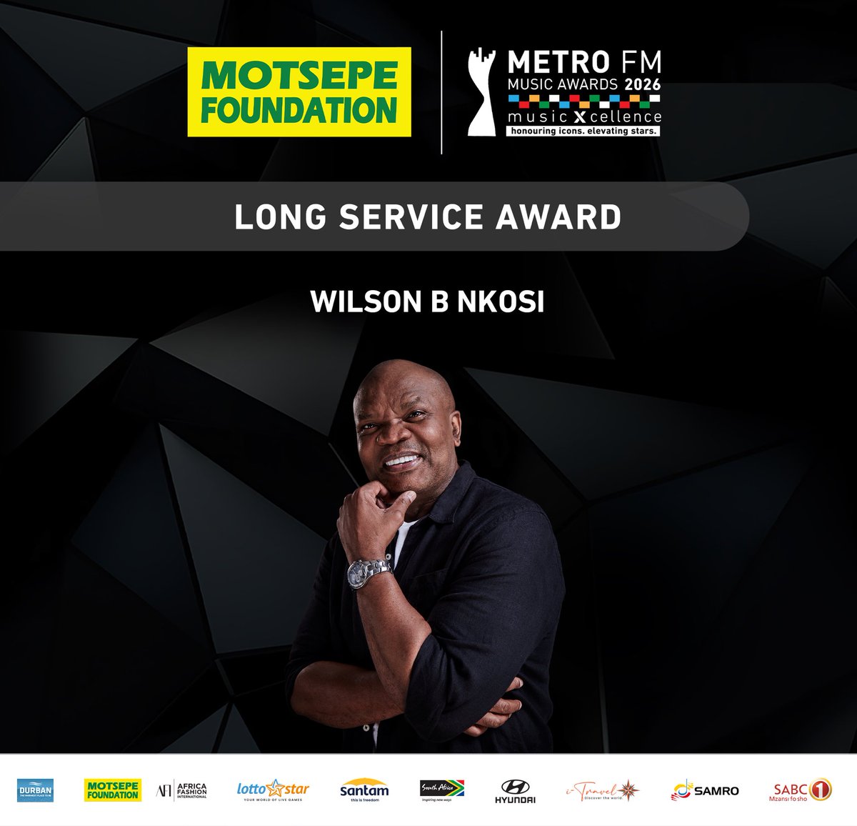 A special Long Service Award goes to our very own Wilson B. Nkosi. 

Celebrating years of dedication, passion, and an enduring legacy in broadcasting. 

#MMA26 #METROFMMusicAwards2026