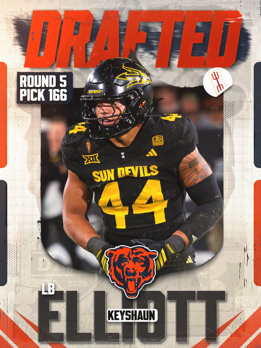 InfernoIntel's tweet photo. With the No. 166 pick in the 2026 NFL Draft, the Chicago Bears select Keyshaun Elliott, linebacker, Arizona State.

Elliott Notched 2025 All-Big 12 second team honors.
#nfldraft #asu #bears #arizonastate https://t.co/W6ncWG5vmZ