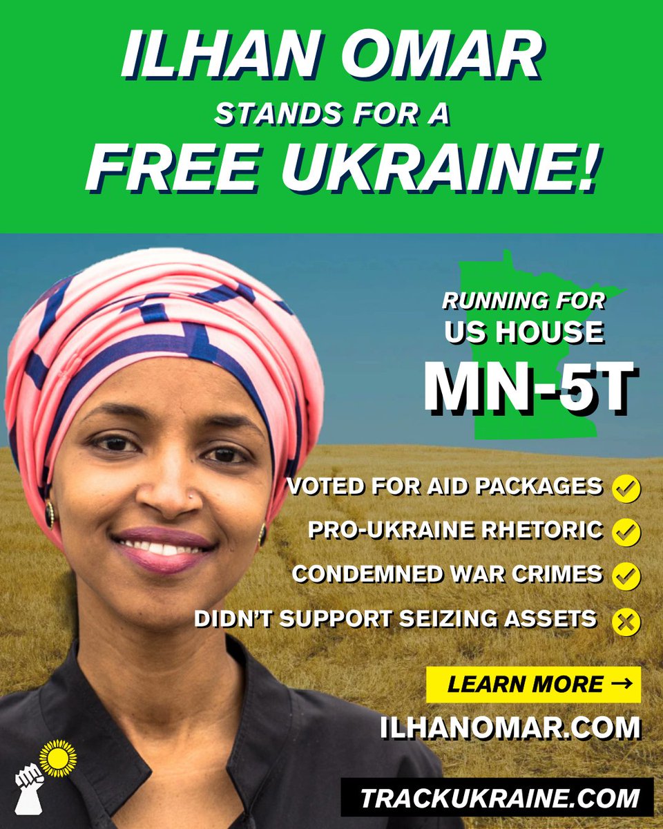 Congresswoman <a href="/IlhanMN/">Ilhan Omar</a> supported Ukraine in 2022. Highlighting "massacres, targeting of civilians, mass graves, and rapes'. Supporting every stand alone aid package, while showing early concern about scope. Supported targeted sanctions, but opposed oil sanctions without a sunset.