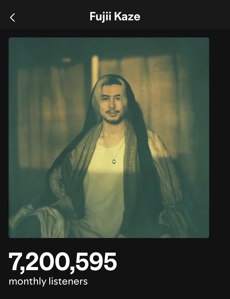 fk_love4ever's tweet image. 🟢#Spotify 月間リスナー

4/26付(JST)

7,200,595(7,216,343)
-15,748(-15,127)

#FujiiKaze #藤井風