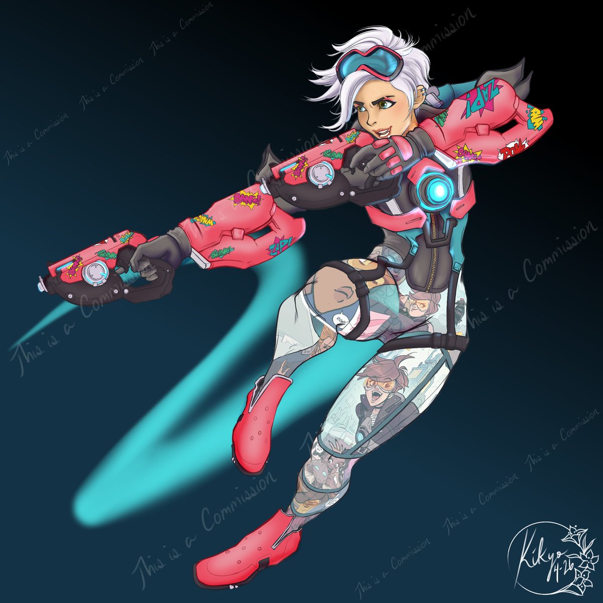 Kikyo_9771's tweet image. Just finished this commission piece for a friend - Comic Tracer 🧡🩵💜🩷
#Overwatch2fanart #Tracer