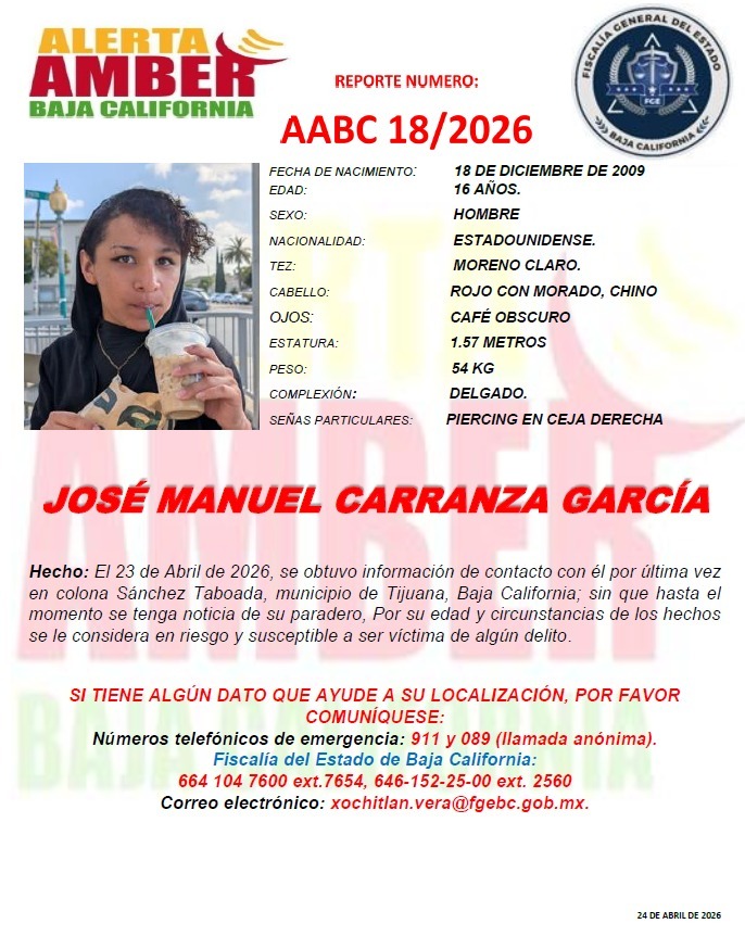 🚨 #ALERTAAMBER | Se busca a José Manuel Carranza García, de 16 años. Fue visto por última vez el 23 de abril en la Col. Sánchez Taboada, en #Tijuana. 
Presenta un piercing en la ceja derecha y cabello teñido. 🆘
Si lo has visto, llama al 911 o al 089. RT para difundir.
