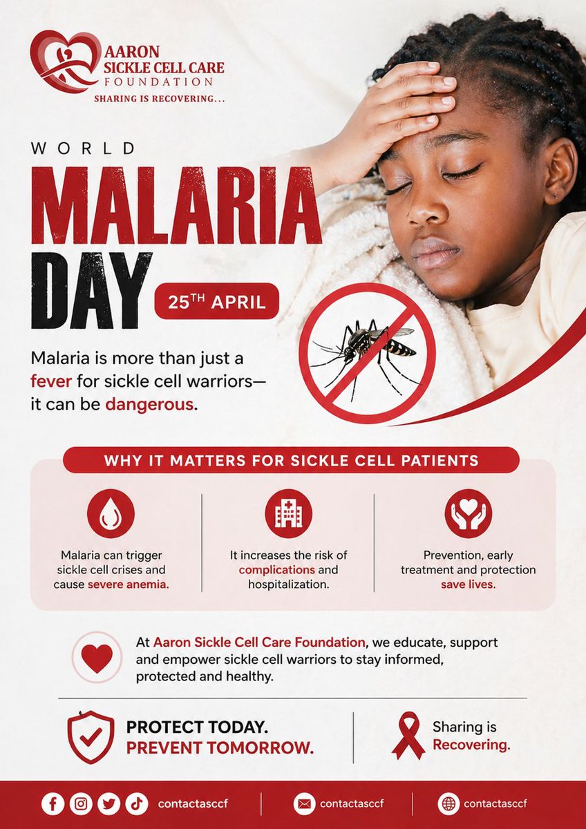 asccfglobal's tweet photo. World Malaria Day: For sickle cell warriors, malaria isn't just common it triggers crises & life-threatening anemia. Prevention + early treatment saves lives. At @ASCCF we educate & empower. Protect today &Prevent tomorrow.
#WorldMalariaDay #MalariaPrevention
#ASCCF https://t.co/jj1EVoGKfc