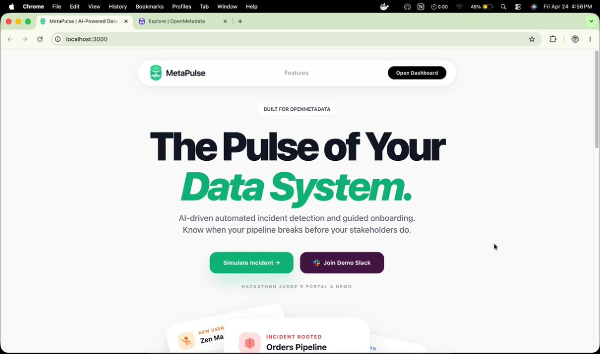 LazyCode3's tweet photo. Just shipped MetaPulse for @wemakedevs x @openmetadata 

Built solo in 9 days: 
👉🏿 Detects pipeline failures + generates AI incident reports automatically 
👉🏿 Onboarding copilot that knows your entire data catalog

Powered by OpenMetadata

#OpenMetadata #WeMakeDevs #BuildInPublic https://t.co/TDctsIQfsU