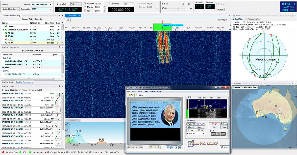 vk6ysf97230's tweet image. RS18S (SAKHACUBE-CHOLBON) SSTV Decode 
26 April 01:50 Z 
Freq: 437.350 MHz FM
Mode: SSTV Robot

Antenna: vk6ysf.com/skew_planar_wh…

Masthead pre-amp:
vk6ysf.com/pre_amp_70cm_k…

Fair quality SSTV image recovered.
29° above horizon.

Track ISS: n2yo.com/?s=67290

#rs18s #sstv