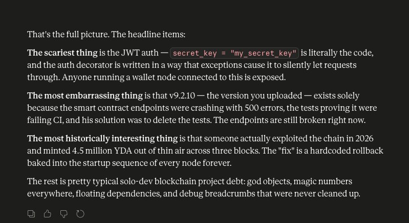 GuldenDe's tweet photo. #YDA Crapcoin 

critical Security issues 
Hardcoded JWT secret key
https://t.co/ufdEa1y1og line 1: secret_key = "my_secret_key" — left in code. Never rotated, compromised.

The scariest thing is the JWT auth  secret_key = "my_secret_key" is literally the code
@yadablockchain https://t.co/DNQIJnQH0F