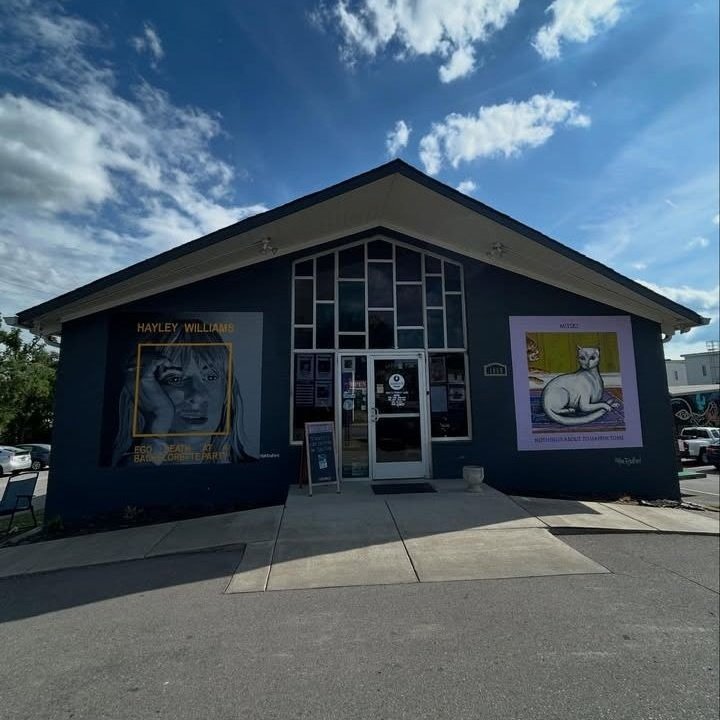 mitskidata's tweet photo. Mitski's "Nothing's About to Happen to Me" joins Hayley William's "Ego Death at a Bachelorette Party" as the only albums in HISTORY to have a 6-word album title, have at least one green eye featured on its cover, AND be plastered next to each other at Grimey's in Nashville! https://t.co/7fhqPx4fcQ