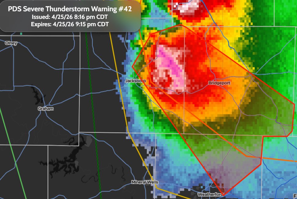 StormTrackingHQ's tweet image. #PDS #SevereThunderstormWarning 042 has been issued for Decatur TX, Bridgeport TX and Briar TX until 9:15 pm CDT #wxtwitter #wxX #wx #severewx #severe #severeweather #ModerateRisk #TornadoAlley #ntxwx #dfwwx #txwx #TXwx 

#Wind 
Up to 70 MPH 
#Hail 
Baseball sized possible