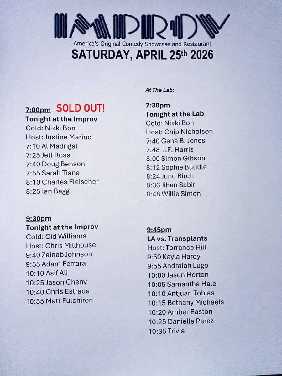 HollywoodImprov's tweet image. Set times tonight! The early Main Room show is Sold Out. Get tickets for one of the other shows at hollywoodimprov.com or arrive early and buy at the door! #hollywoodimprov #comedy