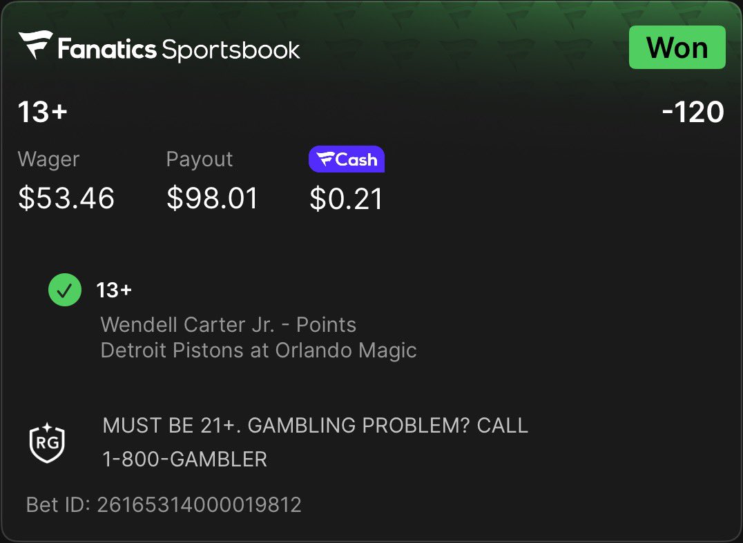 riggedgamesrus's tweet image. It was always WENDELL CARTER! I’m on fire!!! 10-1 L11 props  #sports #locks #sportsbetting #onfire @FanaticsBook