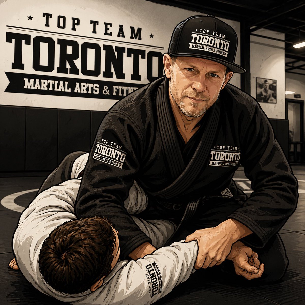Adam_Caplan29's tweet image. Asked chatgbt to create a cartoon picture of me in the sport it knows about me. 

Yes I would wear my hat in competition if they would let me.  lol. 

#chatgpt #torontotopteam #bjj #pressurepassing #athlete