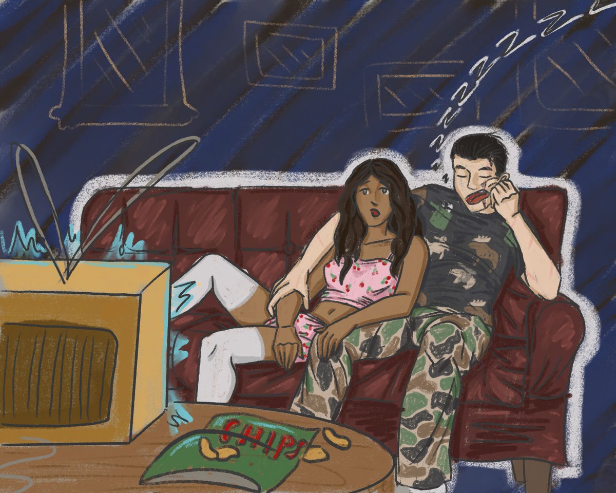 Wendy chair prompt 7:

Chatty and Cups on the couch eating chips while Cups makes him watch Love Is Blind