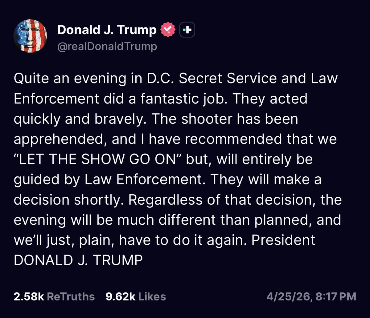 President Trump may not return to the WHCD tonight, and the decision will be entirely decided by Law Enforcement. Trump said the event will he planned again if he doesn’t attend tonight.

Just go back to the White House. It’s not worth it. Iranian protestors outside the hotel.