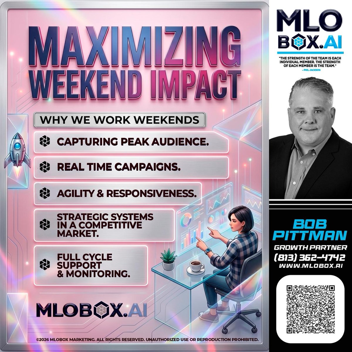 BobPittmanMort's tweet image. Maximize your weekend impact! 🚀 Capture peak audiences with real-time campaigns and agile strategies. Get ready to stand out in a competitive market! 🌟 #WeekendVibes #MarketingStrategy #Agility