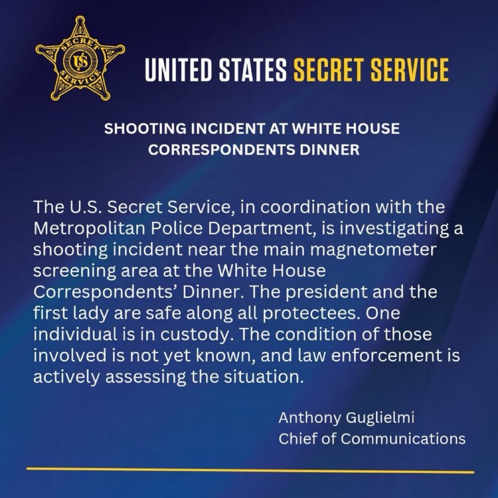 Osint613's tweet photo. U.S. Secret Service says a shooting occurred near the main magnetometer screening area at the White House Correspondents’ Dinner. Trump and all protectees are safe. Suspect’s condition remains unconfirmed, though NewsNation initially reported earlier that the suspect is deceased. https://t.co/N0CTNn9AVH