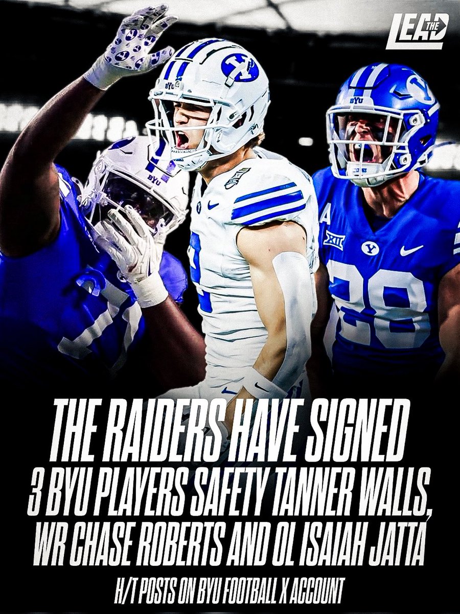 RaidersLead's tweet image. The #Raiders have now signed 3 BYU players 

-1 Tanner Walls, S

-2 Chase Roberts, WR

-3 Isaiah Jatta, OL

Someone on the #Raiders scouting team must like BYU 😂