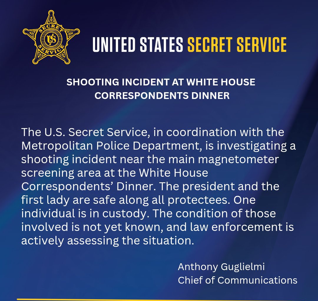 GalobalWatch's tweet photo. 🚨 ALERT: Security incident under active investigation at WH Correspondents’ Dinner site.
Fast-moving situation  one suspect detained, officials still assessing impact. 👀 https://t.co/Vy99SZF6bs