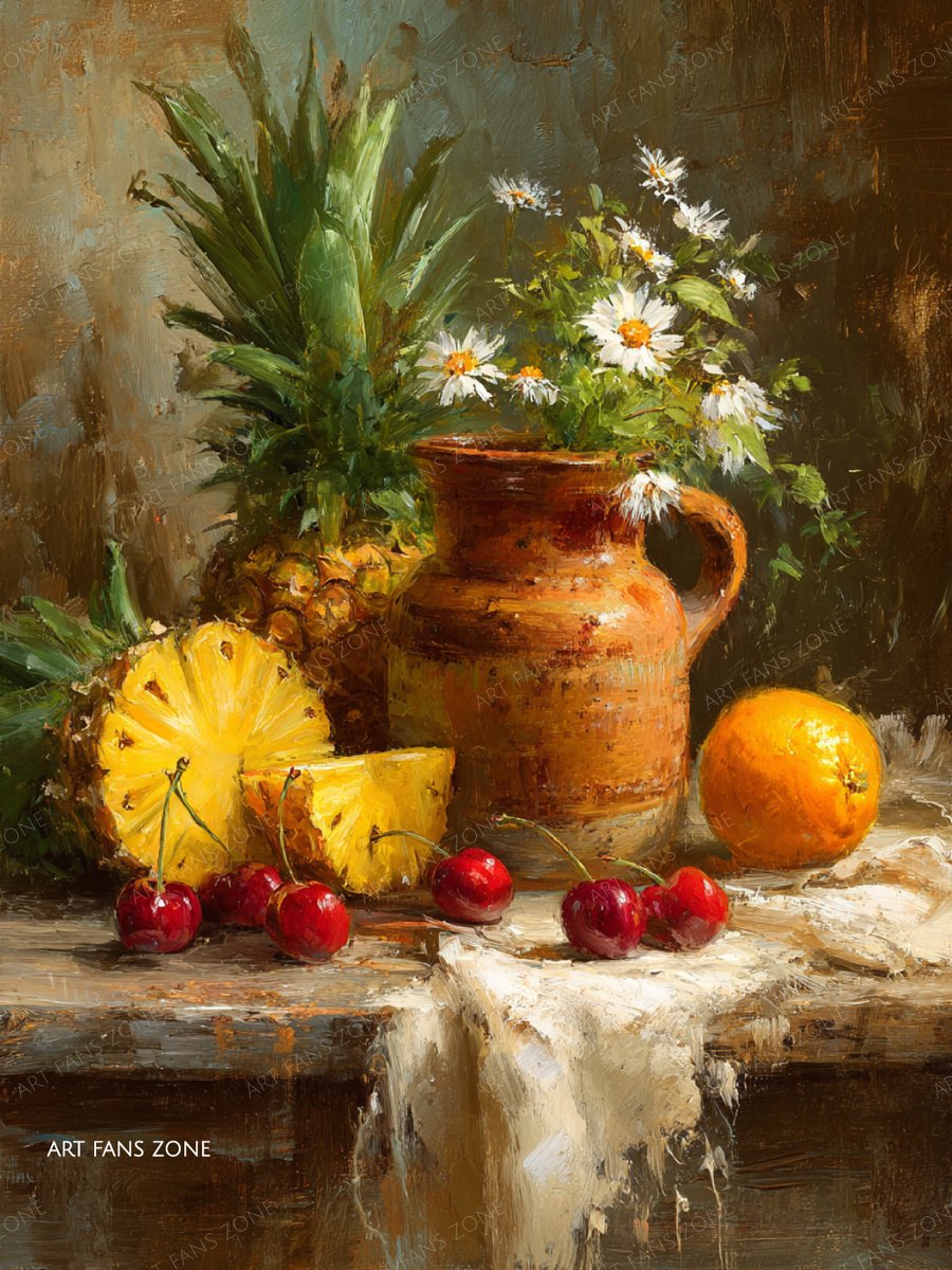 Sun-kissed treasures from the tropics. The rich textures of pineapple, cherry, and citrus come alive on canvas. So much life in one still moment. 🌴🍒