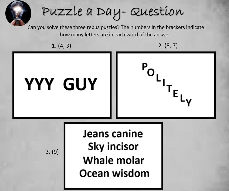 PuzzleADayBlog's tweet image. Three Rebus Puzzles

#puzzle #puzzles #puzzleaday