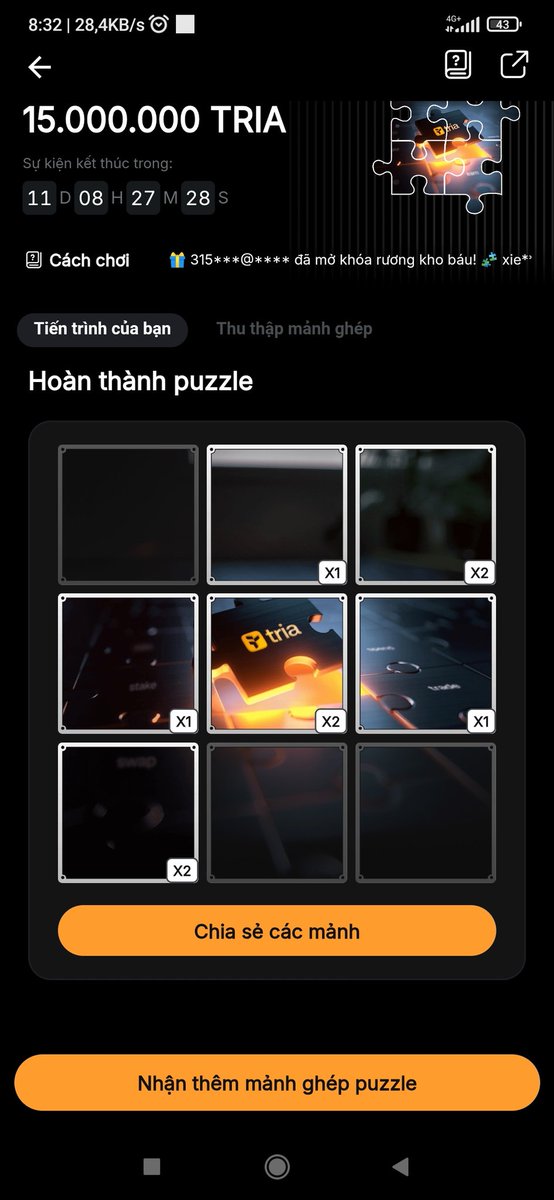 congdien1994's tweet photo. Ai chơi event TRIA puzzle không?

Mình đang thiếu mảnh để ghép hoàn thành 🧩

👉 Mình có dư mảnh 3 ,7
👉 Cần mảnh 1,8,9

Ai đổi ib mình hoặc cmt nhé 🔥

#puzzle #tria #bybit https://t.co/NCHidpjdtN