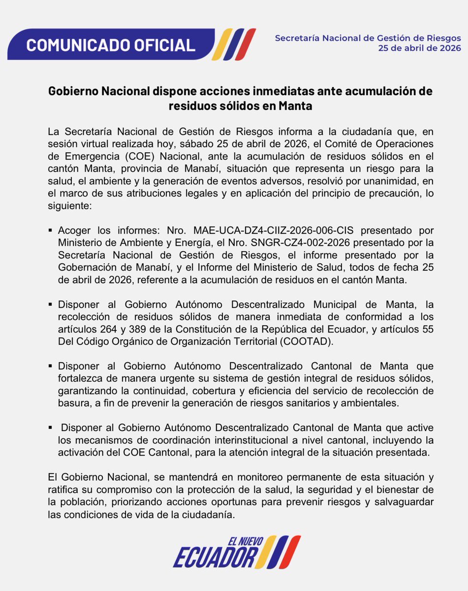 Riesgos_Ec's tweet photo. A la ciudadanía y medios de comunicación: https://t.co/2iF93a08sx