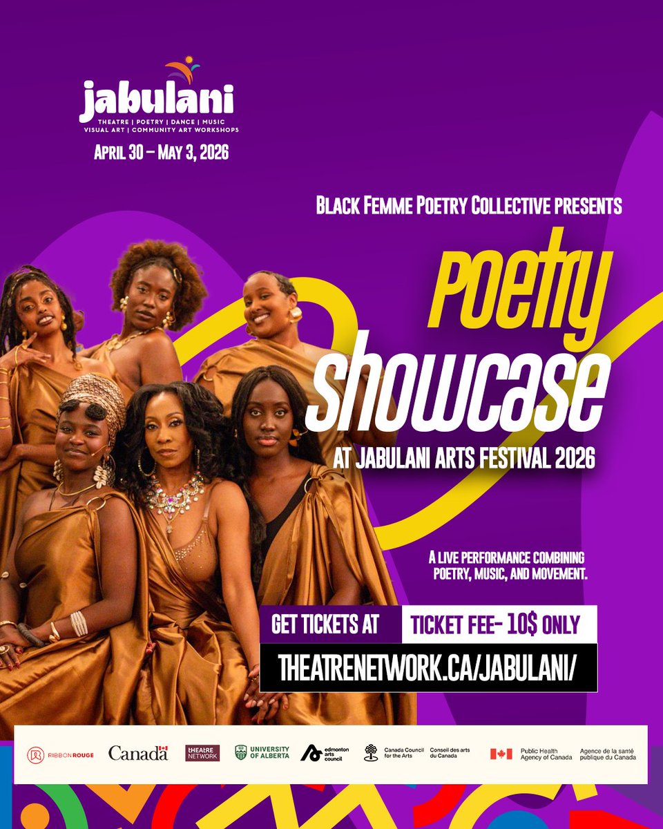 RibbonRouge's tweet photo. Black Femme Poetry Collective presents ✨

A powerful poetry showcase at Jabulani 2026—blending spoken word, music, and movement into an immersive live performance.

📍 The Roxy Theatre, Edmonton
📅 April 30 – May 3
🎟️ Get tickets: https://t.co/HEHjPwbyru

Don’t miss it. https://t.co/vNxKKVqA15