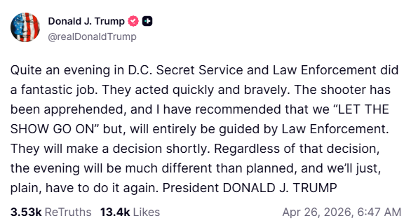 DDNewslive's tweet image. Shots fired at White House Correspondents' Dinner venue.   

US President #DonaldTrump posts, "Quite an evening in D.C. Secret Service and Law Enforcement did a fantastic job. They acted quickly and bravely. The shooter has been apprehended, and I have recommended that we “LET