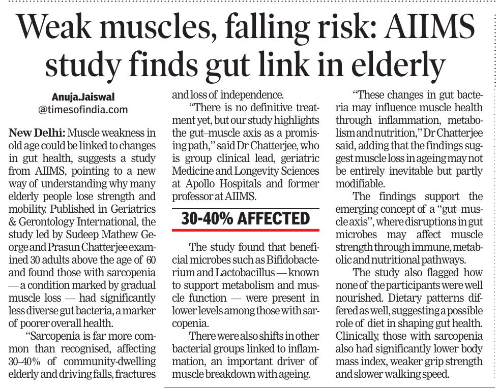 AnujaJaiswalTOI's tweet image. Muscle #weakness in #oldage may not be just about growing older. It could be linked to changes in #guthealth, suggests a study from All India Institute of Medical Sciences (#aiimsdelhi), pointing to a new way of understanding why many elderly people lose strength and mobility.