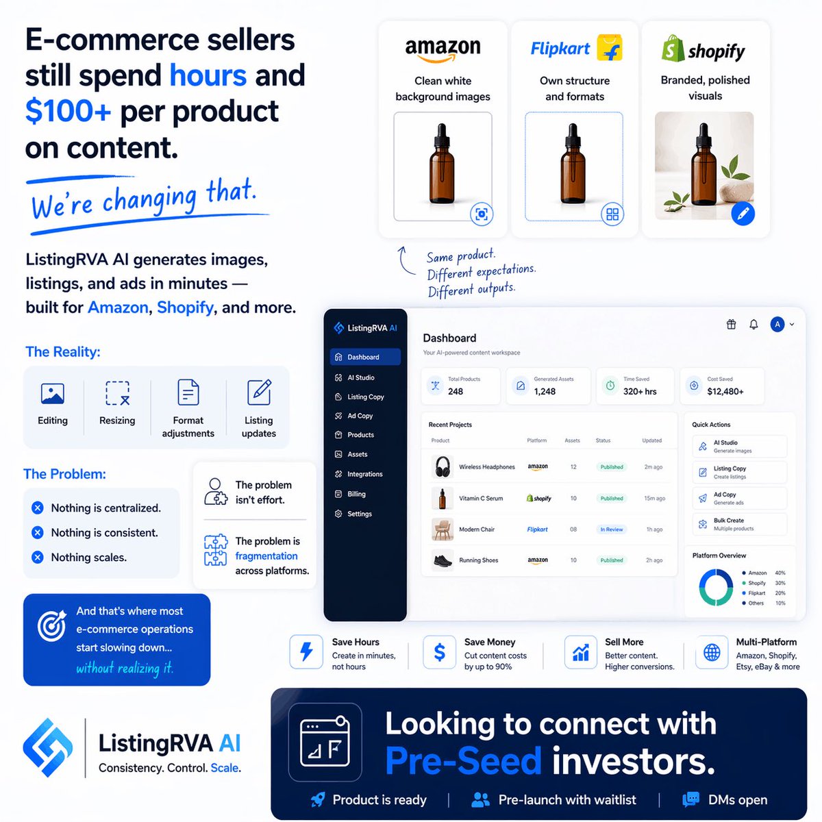 Ak_SEO_Expert's tweet photo. E-commerce sellers still spend hours and $100+ per product on content.

We’re changing that.

ListingRVA AI generates images, listings, &amp; ads in minutes, built for Amazon, Shopify, &amp; more.

Product is ready. Pre-launch with waitlist.

Looking to connect with Pre-Seed investors. https://t.co/3w2HUusUsM