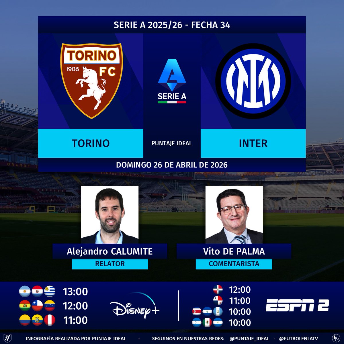 Puntaje_Ideal's tweet image. ⚽ #SerieA 🇮🇹 | #Torino vs. #Inter 
🎙 Relator: @alecalumite  
🎙 Comentarista: @CalcioDePalma 
📺 #ESPN2 Centroamérica y México 
💻📱 @disneyplusla Latinoamérica 
🤳 #SerieAxESPN - #DisneyPlus - #TorinoInter
Dale RT 🔃