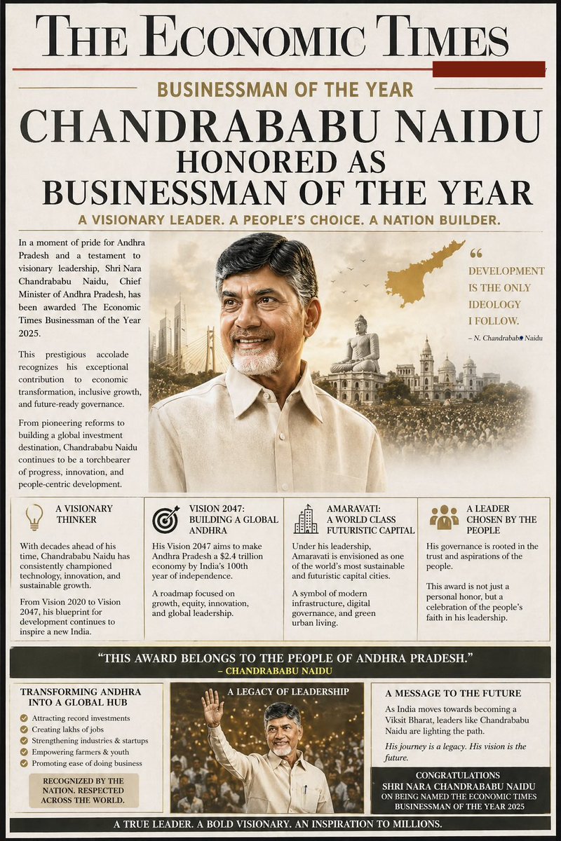 We all Telugu people and Telugu states should be proud for having a Leader like Chandrababu Naidu garu👏🏼
His Vision and His Futuristic thinking is what transformed lives of many Telugu Families 
<a href="/ncbn/">N Chandrababu Naidu</a> 🫡
#AndhraPradesh #Telangana