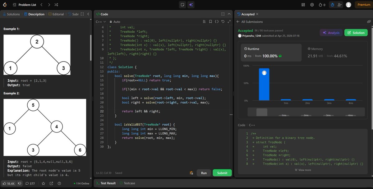 Priyanshu_1244's tweet image. Day 79: Solved Validate BST.
Struggling even with easy problems lately—feels like inconsistency is catching up. Need to fix this.
Also learned fonts, typography, and colors in CSS.
#DSA #BST #WebDev #Consistency