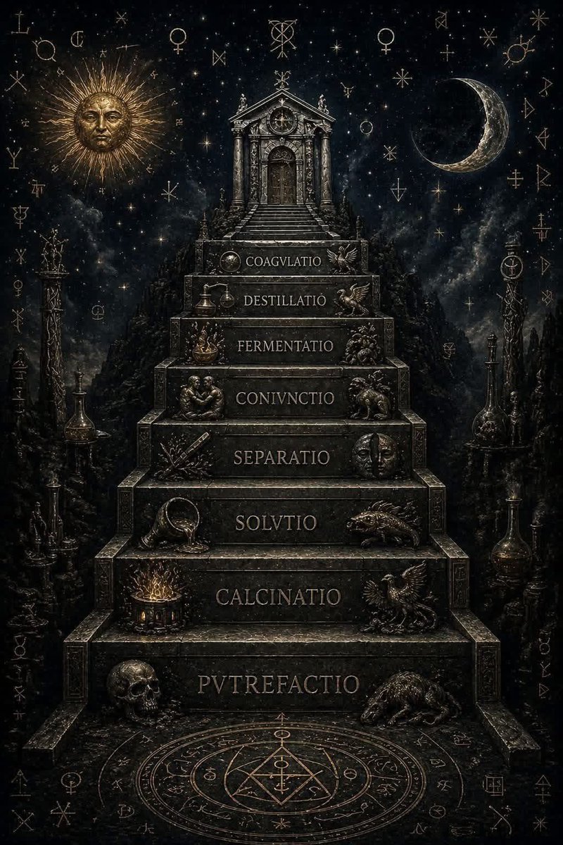 Cloudman176's tweet photo. DEL THE SEVEN ALCHEMICAL OPERATIONS: THE PATH OF INNER FIRE ⛧

⛧LVX IN TENEBRIS LVCET⛧

Alchemy doesn't start in gold.

It starts in the ruin.

Before the crown, the ashes.
Before light, decay.
Before the rebirth the fall.

The Great Work is neither a spiritual ornament nor a fantasy of ancient grimories. It's a brutal process of transformation where what you thought was must burn, dissolve, fall apart and rebuild.

This path was called the Seven Alchemical Operations, the secret movements through which raw matter becomes Philosopher's Stone.

But the matter is you.

Every operation is a wound and a door.

✦ CALCINATIO — THE FIRE THAT DEVOURS

This is where it all begins.

Calcinatio is the fire of the ego. The fire that reduces to ashes the arrogance, the illusion of control and the false structures that sustained the identity.

Life usually brings this stage as crisis, loss, humiliation or collapse.

What burns ain't punishment.
It is purification.

Without fire, there is no truth.

✦ SOLUTIO — MIRROR DISOLUTION

After the fire, the water.

Solution is the dissolution of rigid forms. Buried emotions emerge, defenses fall and what was petrified begins to flow.

Here one cries for what he avoided feeling.

It is the stage where the soul stops pretending to be strong and accepts its vulnerability.

Solid becomes liquid.
The oppressed calls for a name.

✦ SEPARATION — THE ART OF DISCERNING

Not everything must be saved.

Separatio is the sacred act of distinguishing the essential from the useless, the true from the learned, the own voice from the noise of others.

It's getting cut up here.

Habits, bonds, beliefs, masks.

Not out of cruelty but for clarity.

Separation is also loving enough not to lie anymore.

✦ CONNECTION — THE WEDDINGS OF OPPOSITES

After separating, they come together.

Coniunctio is the reconciliation of opposite forces: light and shadow, reason and instinct, desire and discipline, body and spirit.

Here the initiate understands that the civil war is not won by destroying a part of itself, but by integrating it.

It's not about choosing between ends.

It's all about governing them.

It's the secret marriage of the soul.

✦ FERMENTATION — THE BREATH OF NEW LIFE

Something dies.
Something awakens.

Fermentation is the eruption of a new consciousness. A living spark emerges between the ruins and begins to make sense of everything that has been torn through.

This is where vision is born.

You no longer live by habit, but by direction.

It's wine born from broken fruit.

Inspiration ceases to be an accident and becomes destiny.

✦ DISTILLATION — THE PURIFICATION OF VAPOUR

Going up isn't enough. It needs to be refined.

Distillation is the elevation of the mind and the purification of perception. Here it is observed with greater clarity, subtle waste is removed and consciousness becomes more transparent.

It's the thought without fog.

The word without poison.
The intention without the mask.

Lo is the best cae.
The essentials are rising.

✦ COAGULATION — GET REAL

The last operation is not to escape the world.

It is incarnate.

Coagulation is the concrete manifestation of transformation. What you learned becomes life. Vision becomes action. Awareness takes shape.

Knowing isn't enough here.

It has to be.

Philosophical gold does not shine in theory, but in the way you walk, decide, love and stay..

The Work is finished when the invisible becomes flesh.

✦ THE TRUE LABORATORY

Many are looking for symbols.
Few accept the process.

They want the Stone, but they fear the furnace.

They want the result, but not the necessary breakdown.

Alchemy demands a fierce honesty...

Ask yourself...

What must burn?
What should be dissolved?
What do you need to cut?
What should you join?
What shall be born?
What should be purified?
What should you ultimately embody?

The Athanor is not in ancient temples..

Breathe behind your ribs.

⛧ Rudra ⛧ Kal ⛧ Bhairava ⛧