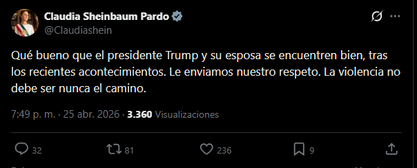 CentralPuebla's tweet image. #Global 🇺🇸🇲🇽 La presidenta @Claudiashein señaló que la violencia nunca debe ser el camino; tras lo hechos registrados durante una cena de corresponsales en Washington, donde fue evacuado el presidente de Estados Unidos, Donald Trump.
