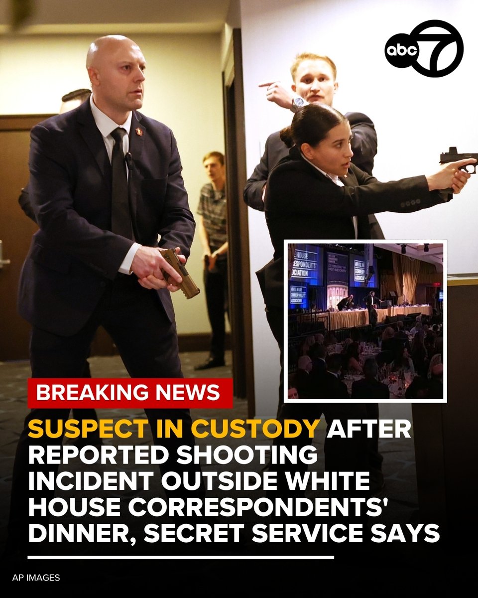 ABC7's tweet image. #BREAKINGNEWS President Donald Trump, first lady Melania Trump and other dignitaries who were evacuated from the dinner were safe, according to the Secret Service. The Secret Service and the president said that a suspect has been apprehended after the shooting incident.

Read