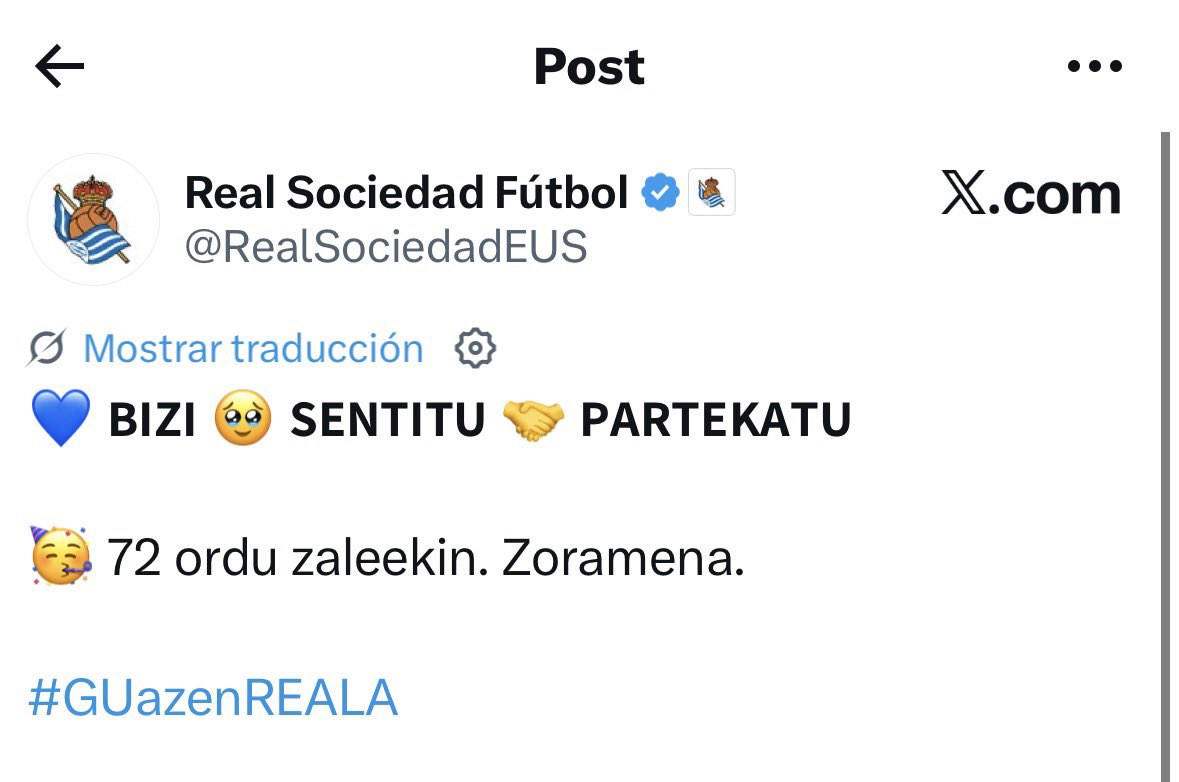 ipuras's tweet photo. Cuidado con las traducciones automáticas de Twitter del euskera. Dos ejemplos inocuos:

Traducción real 1er tweet: 72 horas con los aficionados. Locura.

Traducción real 2º tweet: Esta copa la hemos ganado gracias al empuje de todos.

Las traducciones no tienen nada que ver. Ojo. https://t.co/3b0JVP26Vi
