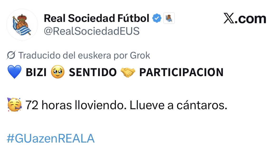 ipuras's tweet photo. Cuidado con las traducciones automáticas de Twitter del euskera. Dos ejemplos inocuos:

Traducción real 1er tweet: 72 horas con los aficionados. Locura.

Traducción real 2º tweet: Esta copa la hemos ganado gracias al empuje de todos.

Las traducciones no tienen nada que ver. Ojo. https://t.co/3b0JVP26Vi