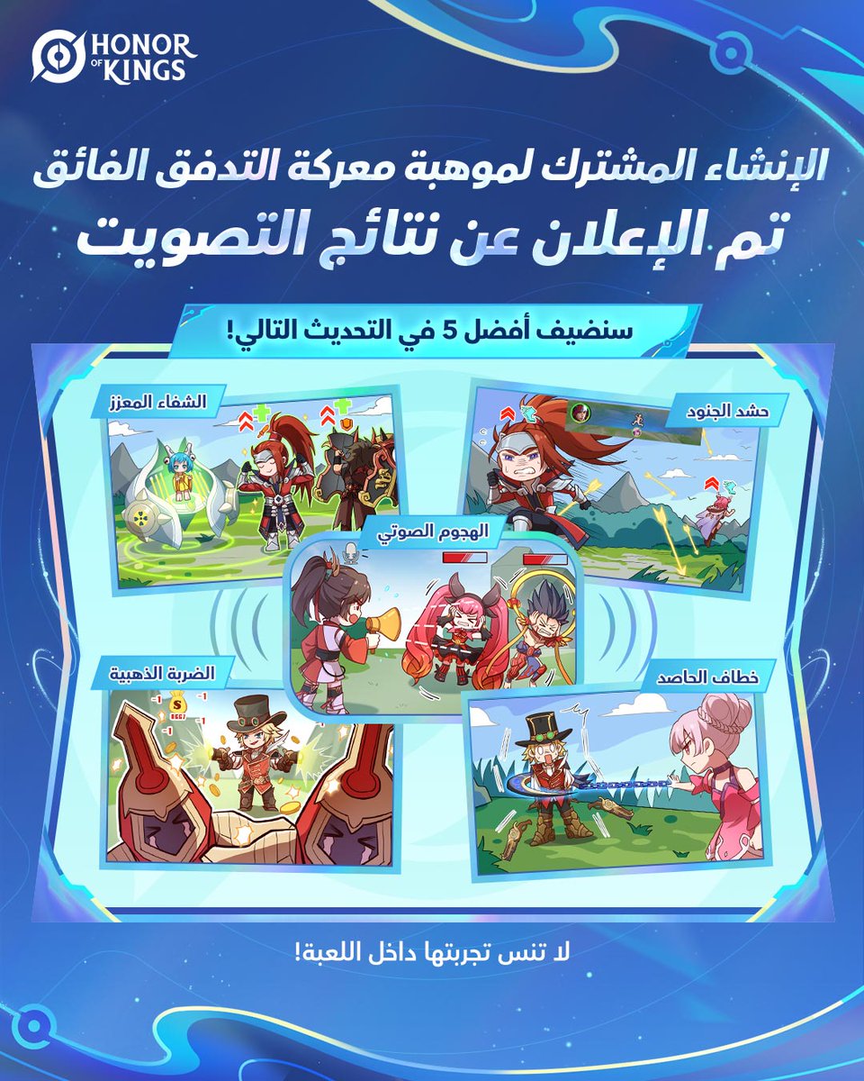 HoKArabia's tweet photo. نتائج تصويت الإنشاء المشترك لموهبة معركة التدفق الفائق وصلت! 🔥
هل اختيارك كان ضمن القائمة؟ 👀
أفضل 5 مواهب فائزة قادمة في التحديث التالي، لا تفوت فرصة تجربتها داخل اللعبة! 🎉
اكتب في التعليقات وقل لنا: أي واحدة متحمس لها أكثر؟ 💬
#HOK #honorofkings #hokflow https://t.co/F97tmQXEwI