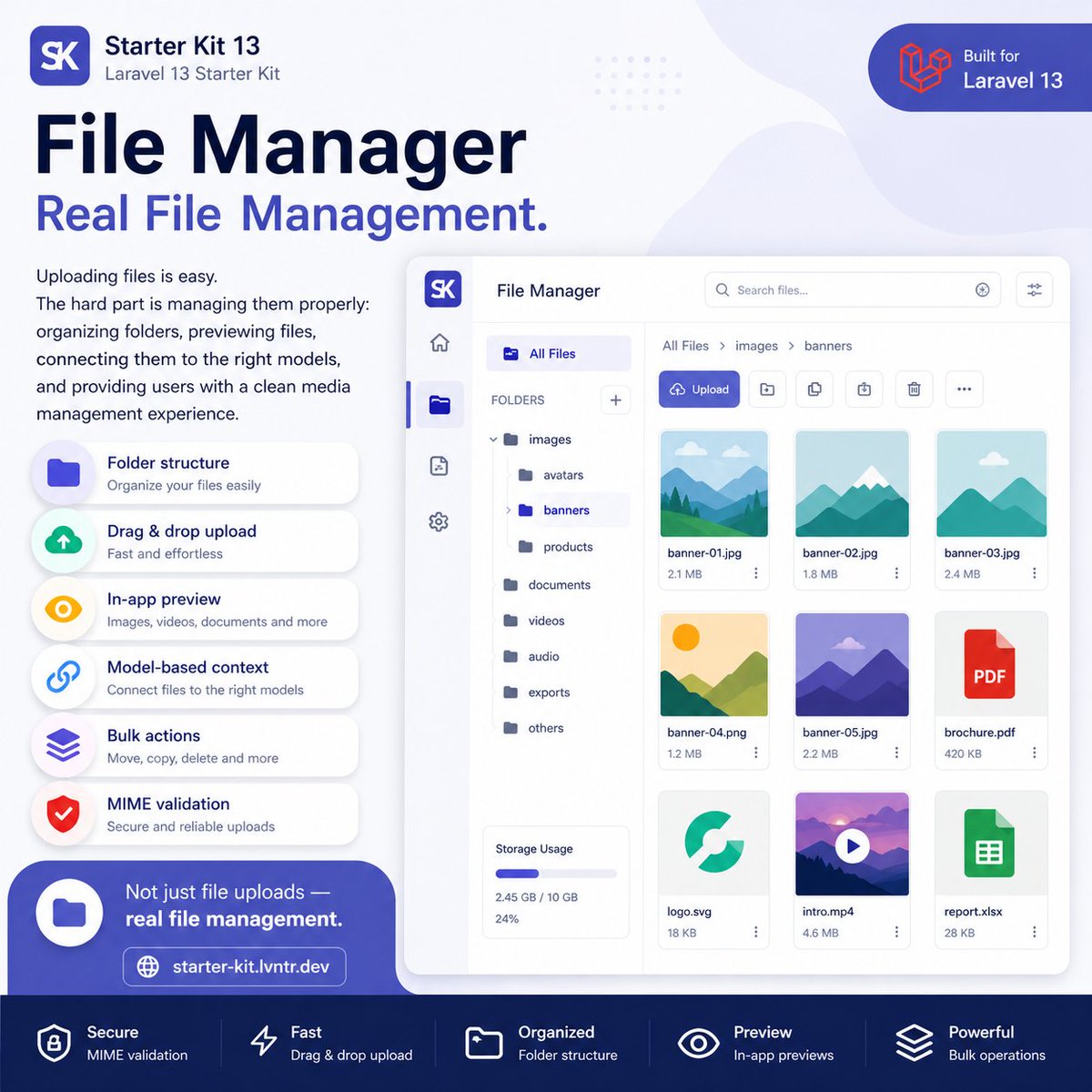 lvntrDev's tweet photo. Uploading files is easy.

https://t.co/u9Tx9U70IC

The hard part is managing them properly: organizing folders, previewing files, connecting them to the right models, and providing users with a clean media management experience.

The File Manager module in Starter Kit 13 provides a real file management experience with folder structures, drag-and-drop support, in-app previews, model-based context usage, MIME validation, and bulk actions.

Not just file uploads — real file management.

#Laravel #Laravel13 #StarterKit #FileManager #DosyaYöneticisi #PHP #VueJS #InertiaJS #TailwindCSS #AdminPanel #WebDevelopment #DeveloperTools #SaaS #Yazılım