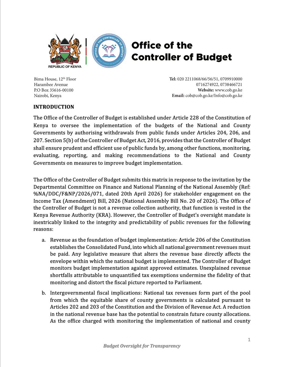 AmbokoJH's tweet photo. The Office of the Controller of Budget (@CoB_Kenya)  has joined Oxfam Kenya (@oxfamkenya) in two asks around the Income Tax (Amendment) Bill 2026. 

· The Office proposes that a threshold be provided for. The view here is that reorganisations exceeding a prescribed threshold (e.g., Kes 500 million in asset value) obtain an advance ruling from KRA before the CGT exemption applies

· The Office proposes that there be a provision for anti-avoidance requiring that the property transferred back be the same or a directly traceable asset, & that the reorganisation not result in a change of ultimate beneficial ownership within 5 years of completion

Additional proposals from the Office of the Controller of Budget:

· There be a proposal requiring that the reorganised entities remain tax-resident in Kenya for a minimum of 3 years post-restructuring
· There be a proposal that expressly excludes arrangements structured through trusts or nominees not disclosed to KRA

See quoted tweet for Oxfam Kenya's submission