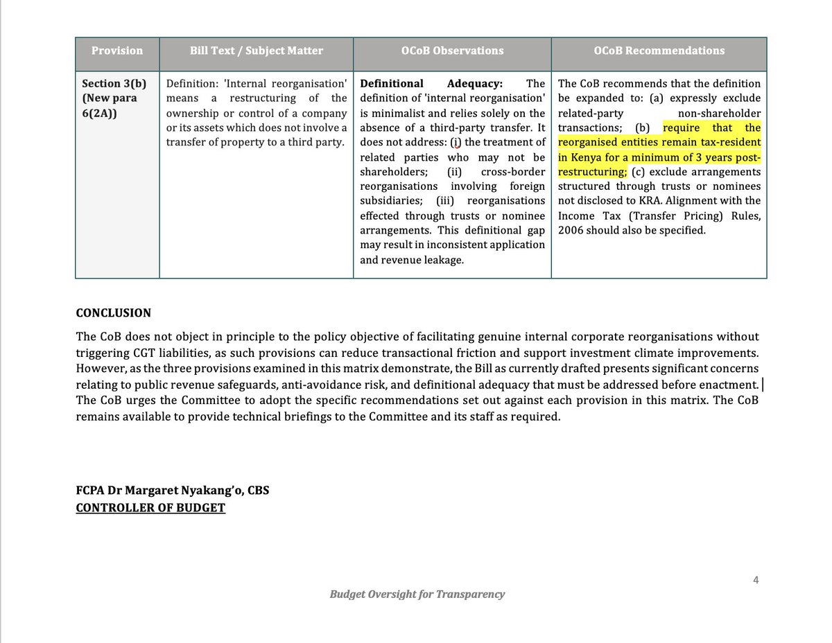 AmbokoJH's tweet photo. The Office of the Controller of Budget (@CoB_Kenya)  has joined Oxfam Kenya (@oxfamkenya) in two asks around the Income Tax (Amendment) Bill 2026. 

· The Office proposes that a threshold be provided for. The view here is that reorganisations exceeding a prescribed threshold (e.g., Kes 500 million in asset value) obtain an advance ruling from KRA before the CGT exemption applies

· The Office proposes that there be a provision for anti-avoidance requiring that the property transferred back be the same or a directly traceable asset, & that the reorganisation not result in a change of ultimate beneficial ownership within 5 years of completion

Additional proposals from the Office of the Controller of Budget:

· There be a proposal requiring that the reorganised entities remain tax-resident in Kenya for a minimum of 3 years post-restructuring
· There be a proposal that expressly excludes arrangements structured through trusts or nominees not disclosed to KRA

See quoted tweet for Oxfam Kenya's submission