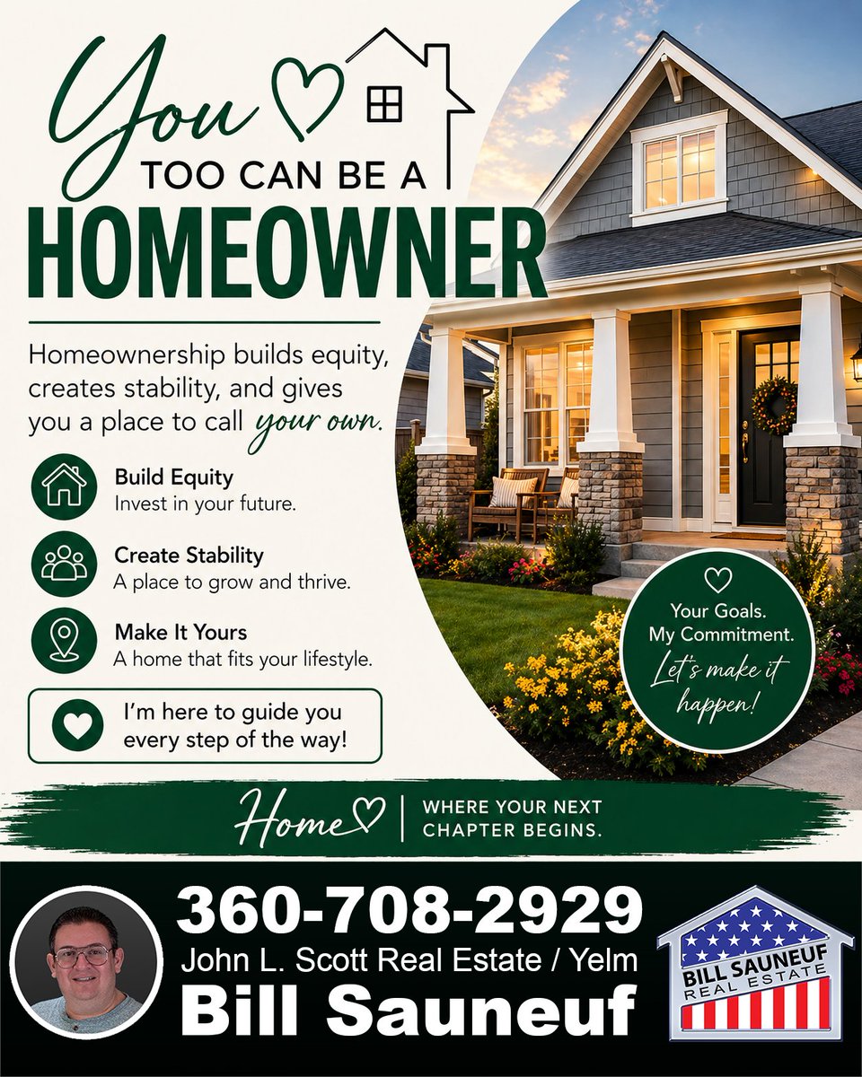 RealEstateYelm's tweet photo. 🏡✨ YOU too can be a homeowner! ✨🏡

Think owning a home is out of reach? 🤔
Think again. 💡
💰 Build equity instead of paying rent
🔒 Create stability for your future
❤️ Have a place that’s truly YOURS

The truth is… most homeowners didn’t have it all figured out when they started. They just took the first step. 🚶‍♂️➡️🏠
📊 With the right plan
🤝 The right guidance
📍 And the right strategy
Homeownership becomes a LOT more possible than you think.

🔥 Don’t let uncertainty hold you back
🚀 Your future home might be closer than you realize

Let’s talk about your options and create a plan that works for YOU!
#Homeownership #FirstTimeHomeBuyer #DreamHome #BuildEquity #HouseGoals #Yelm #PierceCountyHomes #ThurstonCountyHomes #REXmode #BillSauneuf