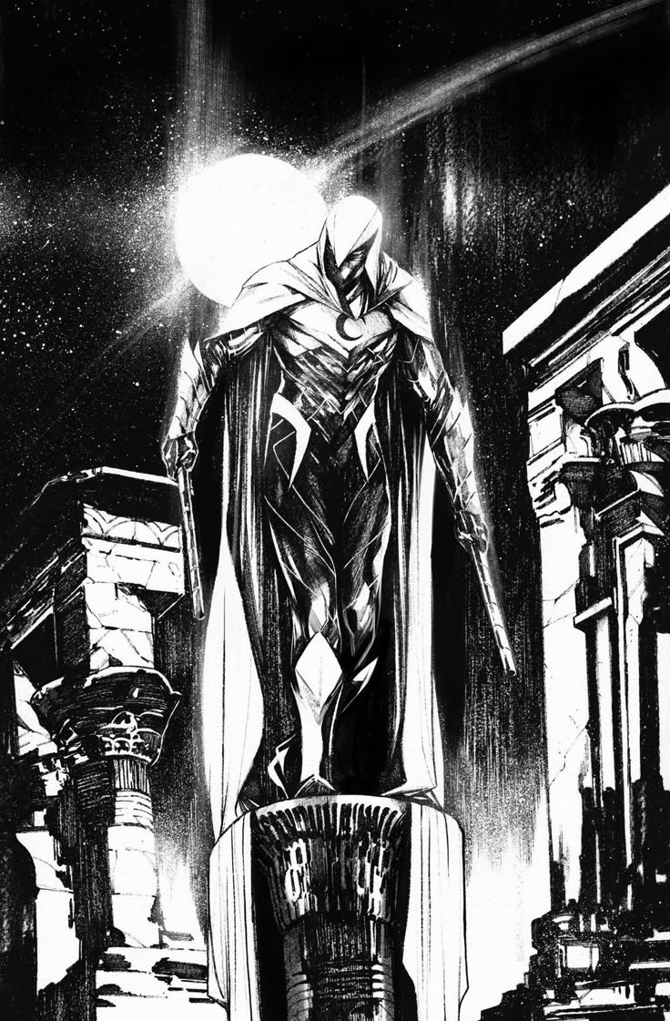 The moon is full. The ruins are quiet. "He isn't"🌕
. 
. 
. 
. 
#MoonKnight #Fistofkhonshu #Artist #Marvel #Comm #MidnightMission #Illutration #Notmywork